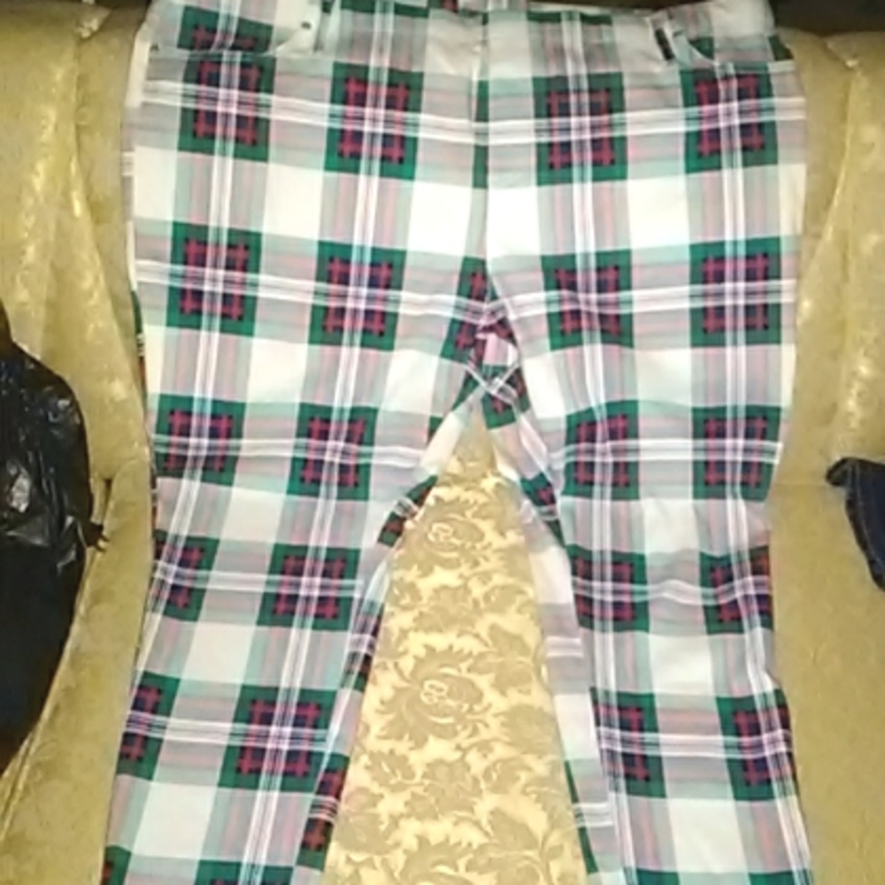 Plaid red blue and turquoise pants
